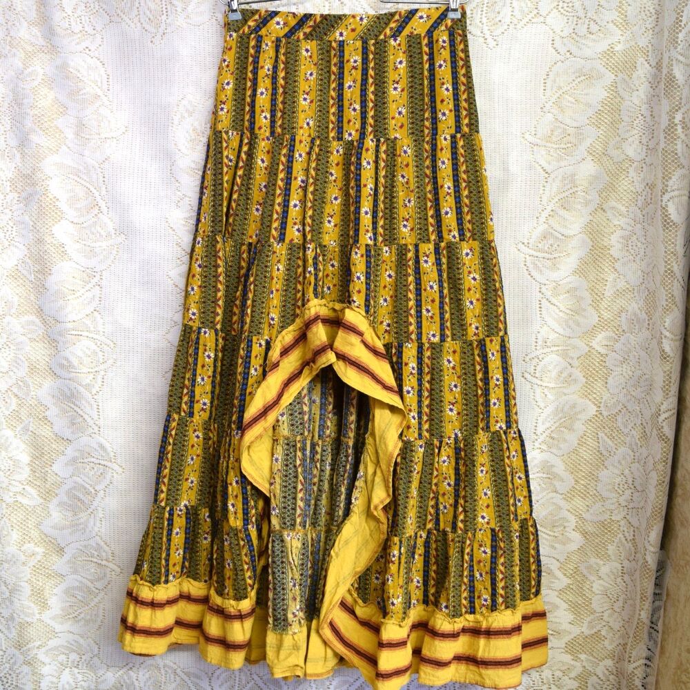 Solitaire Women Sz Large Full Long Skirt Slit Tiered Asymmetrical Boho Cottage